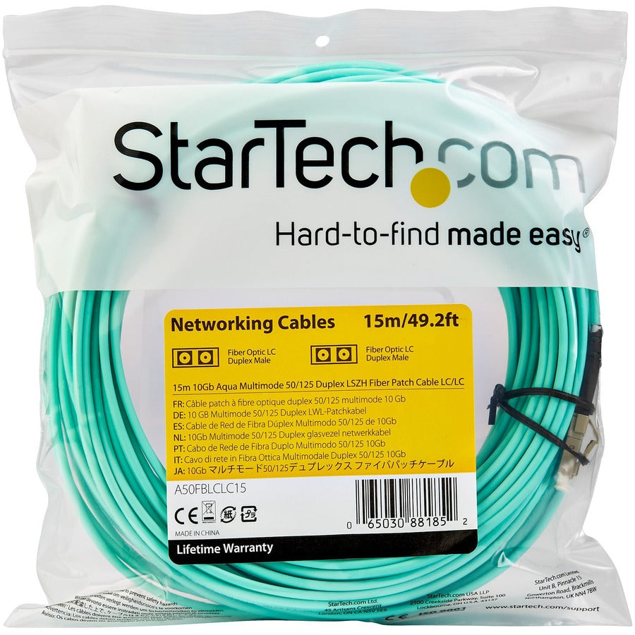 Câble de raccordement à fibre optique duplex multimode LC vers LC OM3 de 15 m de StarTech.com - Aqua - 50/125 - Câble à fibre optique LSZH - 10 Gb (A50FBLCLC15) A50FBLCLC15