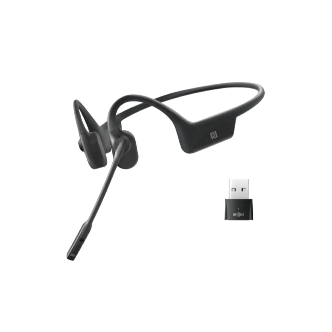 Shokz OpenComm UC avec clé USB-C - Casque stéréo Bluetooth avec micro à perche antibruit et conduction osseuse - Résistant à l'eau IP55 - Cosmic Black