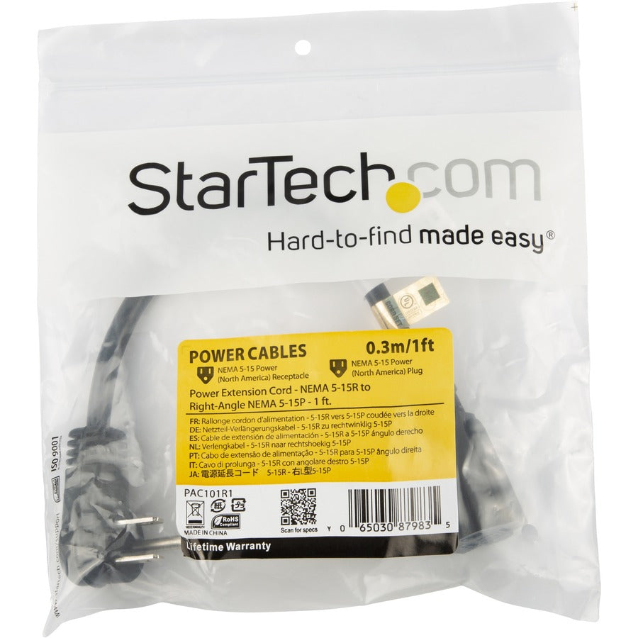 StarTech.com Câble d'extension d'alimentation de 0,3 m (1 pi), angle droit NEMA 5-15P vers NEMA 5-15R, 13 A 125 V, 16 AWG, noir, câble d'extension de prise PAC101R1