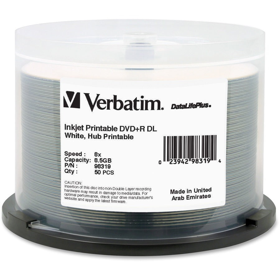 Support enregistrable DVD Verbatim DataLifePlus - DVD+R DL - 8x - 8,50 Go - Lot de 50 broches 98319