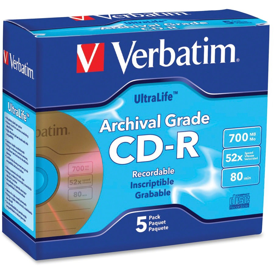 CD-R Verbatim 700 Mo 52X UltraLife Gold Archival Grade avec surface de marque et revêtement dur - 5 pk Jewel Case 96319