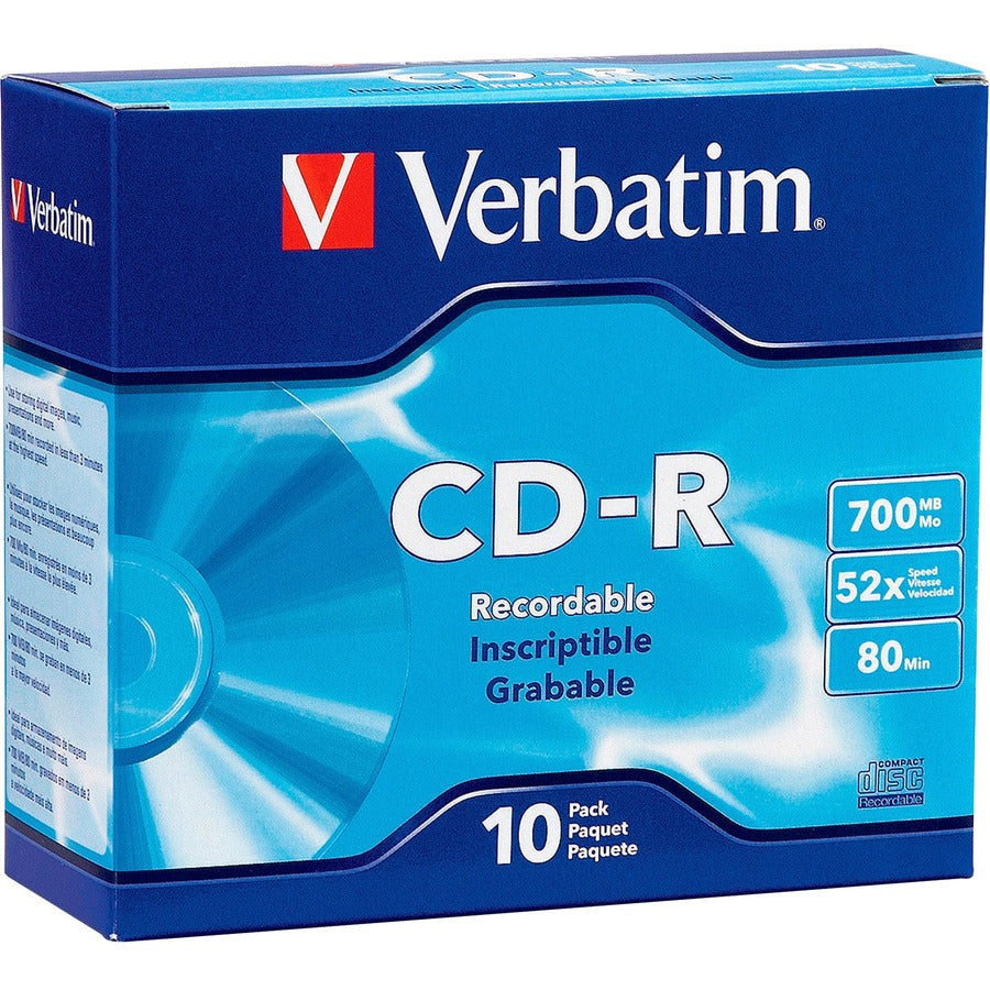 CD-R Verbatim 700 Mo 52X avec surface de marque - 10 pack Slim Case 94935