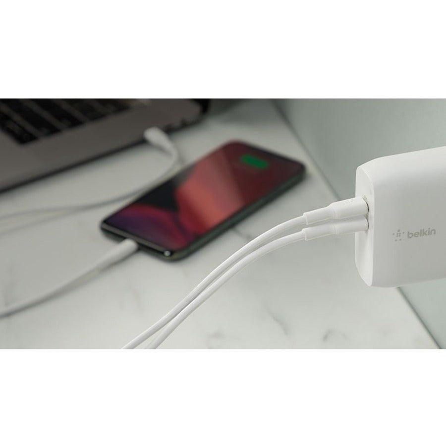 Chargeur mural Belkin BoostCharge Dual USB-C GaN 68 W + câble USB-C pour ordinateur portable Chromebook - Adaptateur secteur WCH003DQ2MWH-B6