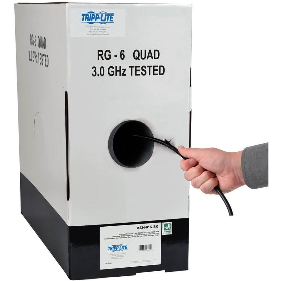 Câble coaxial Tripp Lite par Eaton RG6/U à quadruple blindage, homologué CMR, noir, 1 000 pi A224-01K-BK