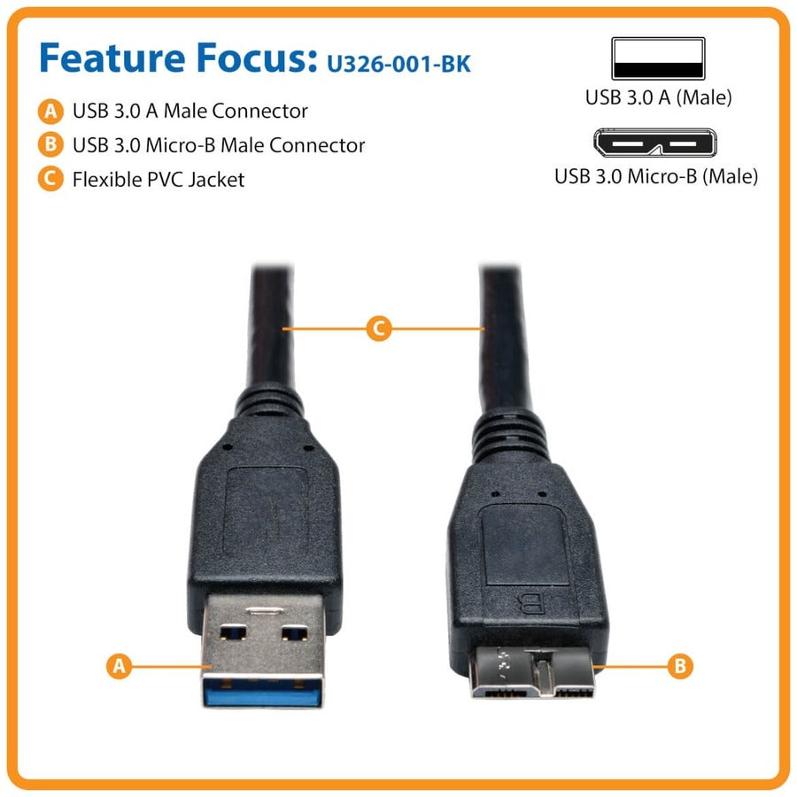 Câble USB 3.0 SuperSpeed pour appareil Tripp Lite par Eaton (A vers Micro-B M/M) noir, 1 pi U326-001-BK