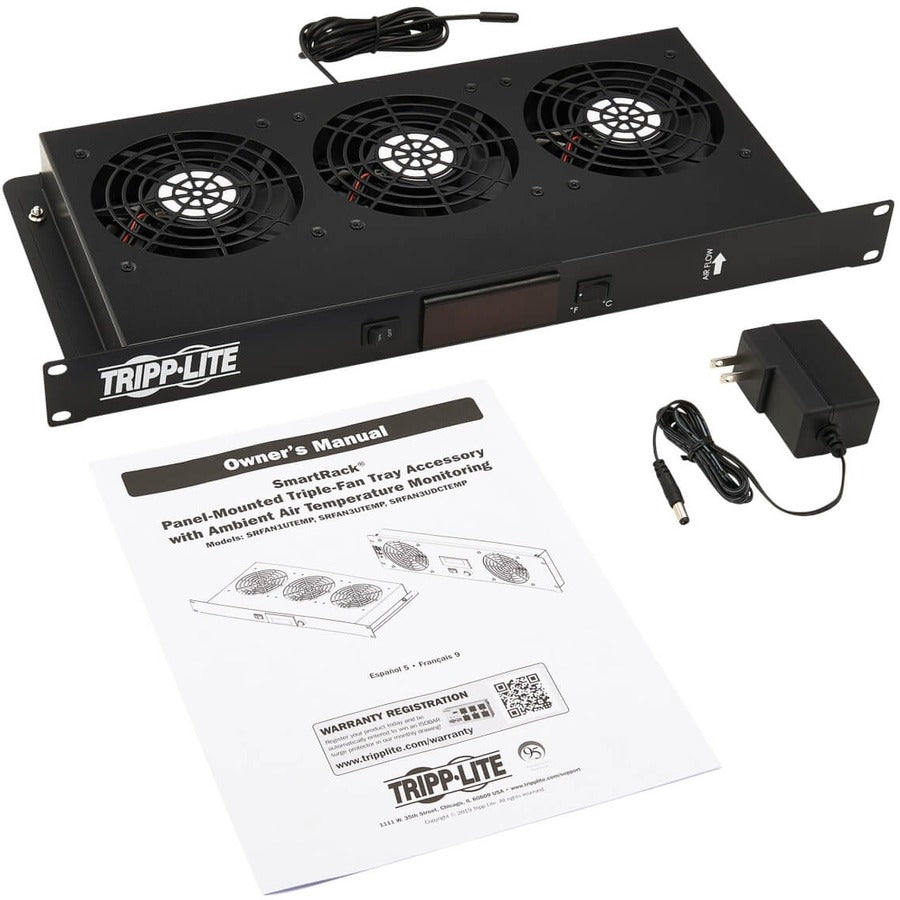 Panneau d'obturation 1U Tripp Lite par Eaton avec capteur de température et ventilateurs haute performance SRFAN1UTEMP