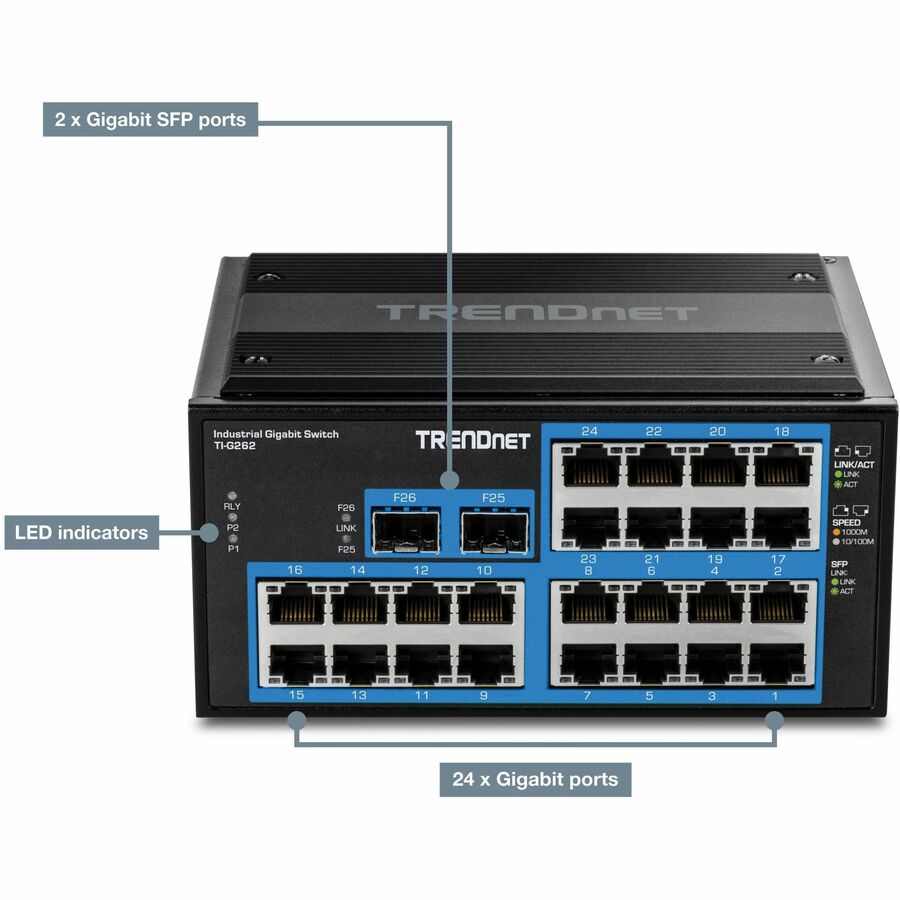 Commutateur industriel renforcé Gigabit DIN-Rail à 26 ports TRENDnet TI-G262