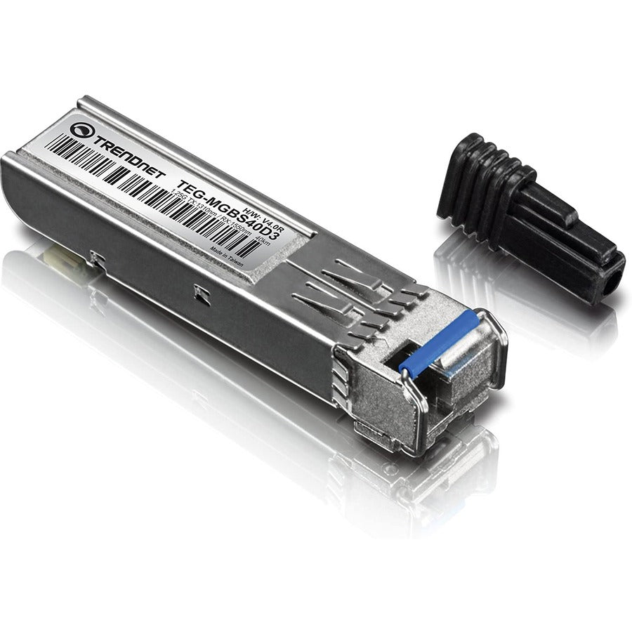 Module LC monomode double longueur d'onde SFP vers RJ45 TRENDnet ; TEG-MGBS40D3 ; Doit être associé au TEG-MGBS40D5 ou à un module compatible ; Jusqu'à 40 km (24,9 miles) ; Compatible avec les emplacements SFP standard ; Protection à vie TEG-MGBS40D3