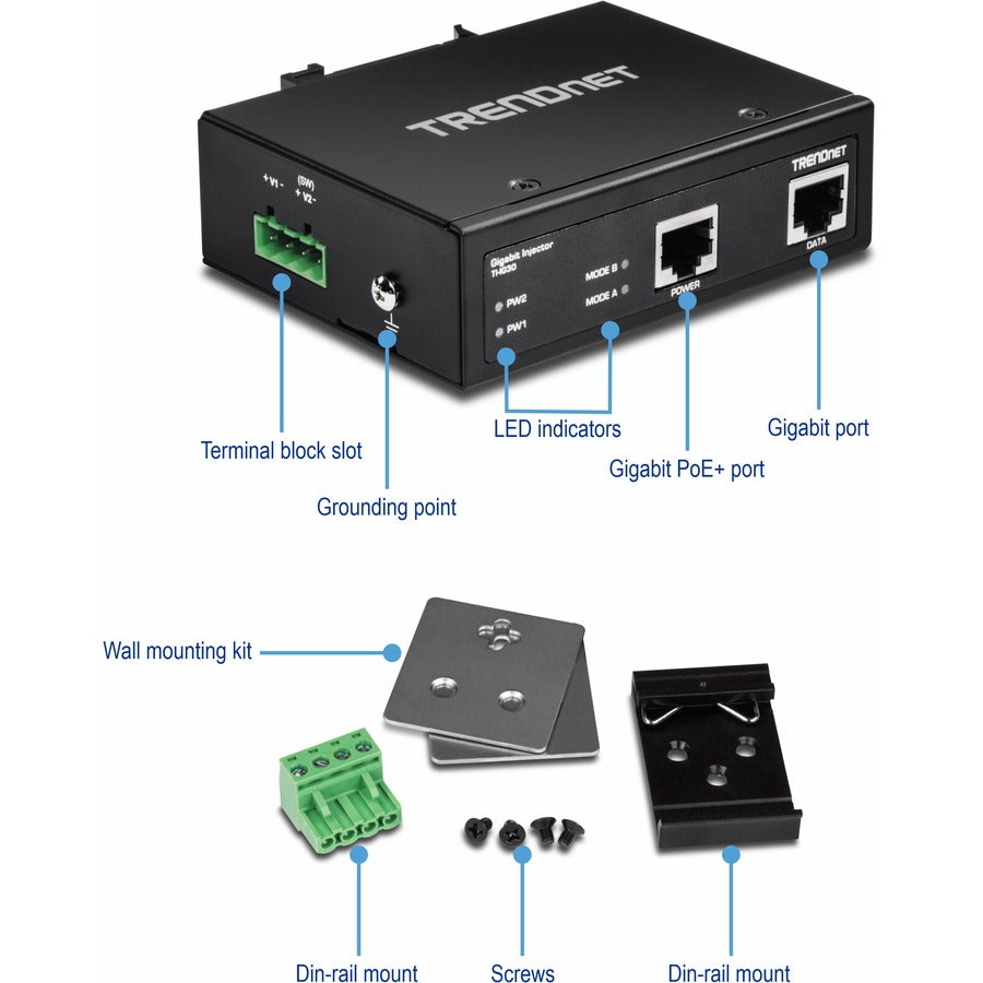 Injecteur PoE+ Gigabit industriel renforcé TRENDnet, rail DIN, montage mural, boîtier IP30, supports rail DIN et muraux inclus, TI-IG30 TI-IG30