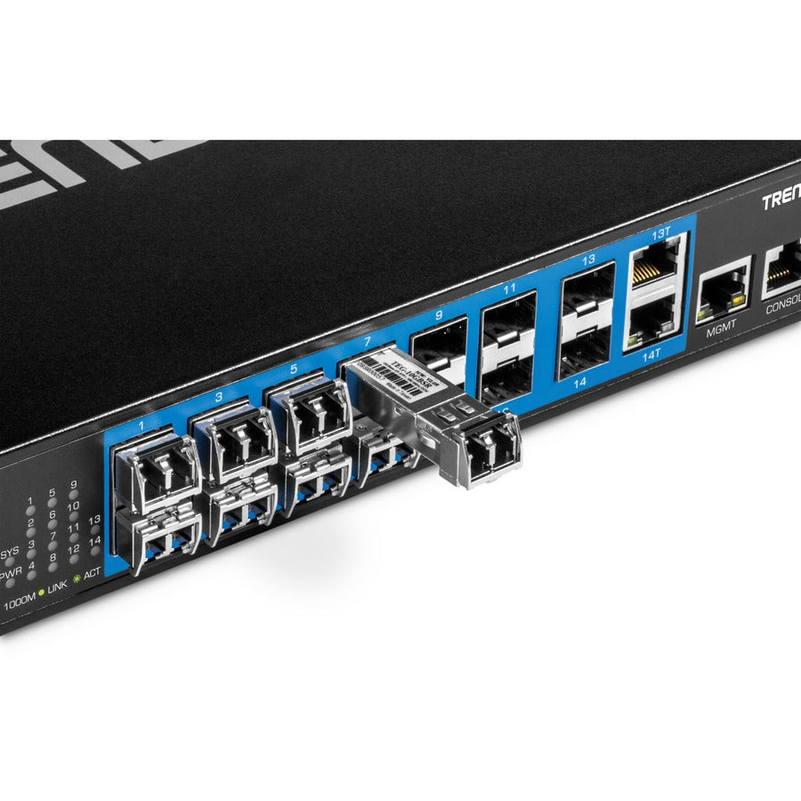 Commutateur SFP Gigabit Layer 2 géré à 14 ports TRENDnet ; TL2-FG142 ; 2 ports Gigabit RJ-45 partagés ; 12 emplacements SFP 100/1000 Mbps ; capacité de commutation 28 Gbps ; VLAN ; QoS ; LACP ; prise en charge IPv6 ; protection à vie TL2-FG142