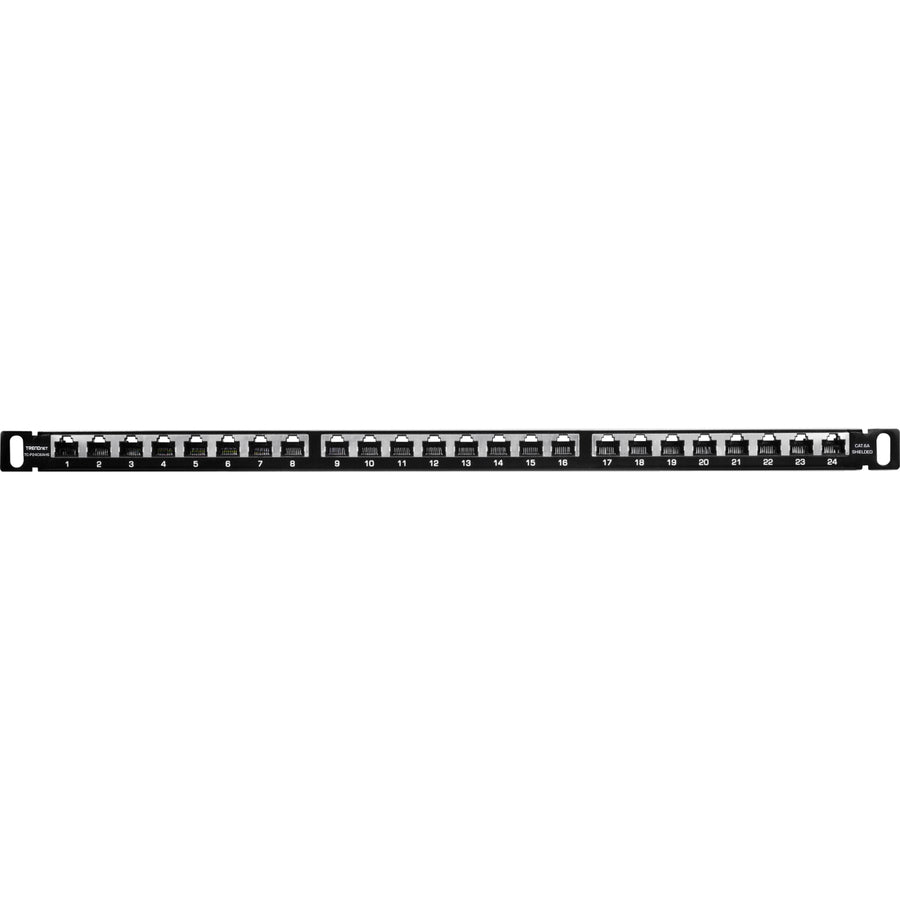 Panneau de brassage demi-U blindé CAT6A 24 ports TRENDnet, TC-P24C6AHS, compatible 10G, moitié de la hauteur des panneaux de brassage 1U standard, boîtier de montage en rack métallique, compatible CAT5e/Cat6/CAT6A, gestion des câbles TC-P24C6AHS