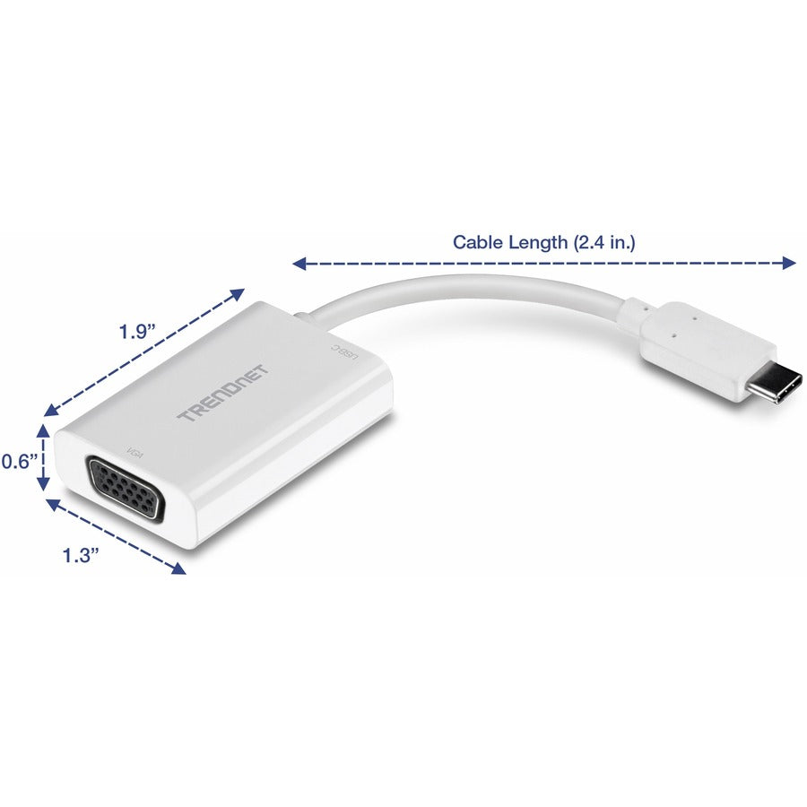 Adaptateur USB-C vers VGA TRENDnet avec alimentation, connexion USB-C haute vitesse, compatible avec l'alimentation USB-C, CHROME, WINDOWS 10, MAC, TUC-VGA2 TUC-VGA2