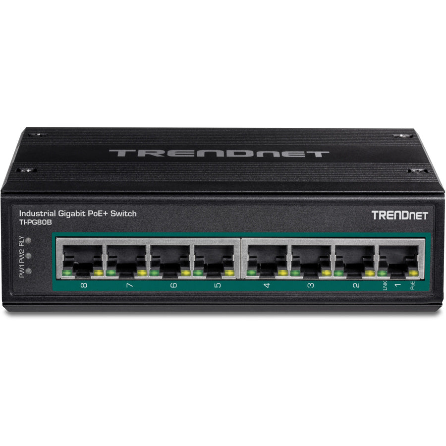 TRENDnet Commutateur DIN-Rail Gigabit 10/100/1000 Mbps industriel renforcé à 8 ports avec 8 ports Gigabit PoE+ ; TI-PG80B ; Entrées d'alimentation 24 - 56 V CC avec protection contre les surcharges TI-PG80B