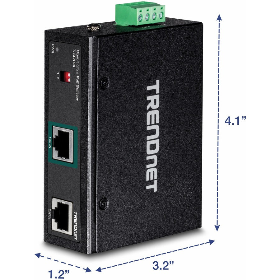 TRENDnet Répartiteur industriel Gigabit UPoE, deux sorties d'alimentation CC, montage sur rail DIN ou mural, sortie de tension réglable, TI-SG104 TI-SG104