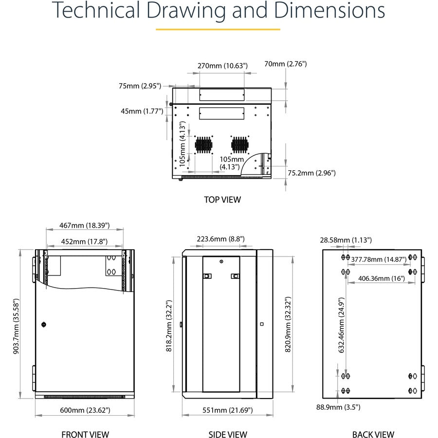 StarTech.com Armoire réseau murale 18U 19" - 16" de profondeur, verrouillable, pour rack de données informatiques flexible, boîtier de commutation ventilé avec étagère RK1820WALHM