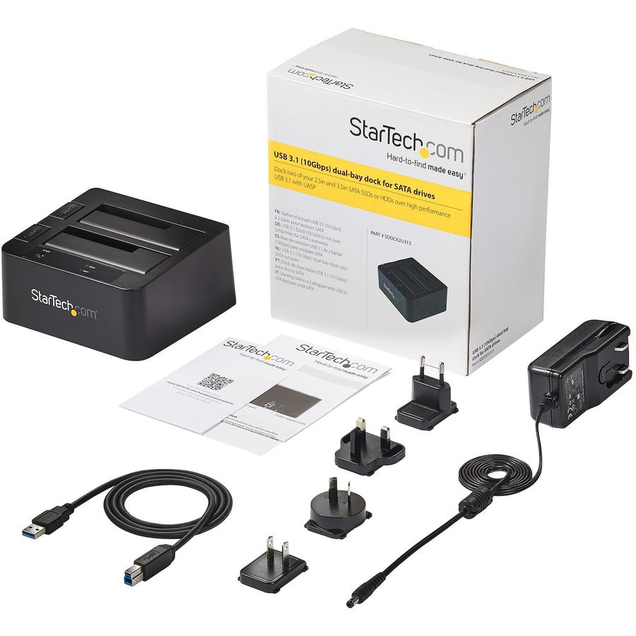 StarTech.com Station d'accueil pour disque dur USB 3.1 vers SATA à double baie, SATA I/II/III 2,5/3,5 pouces, station d'accueil SSD/HDD, baie pour disque dur USB, chargement par le haut SDOCK2U313