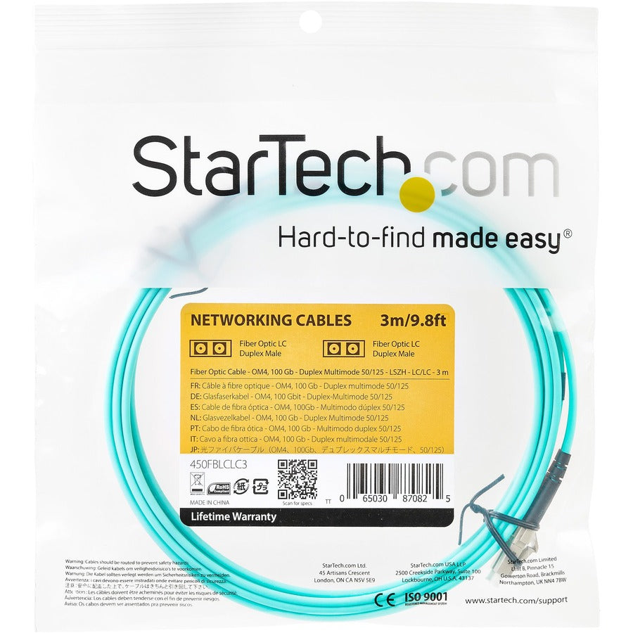 StarTech.com 3m (10ft) LC/UPC to LC/UPC OM4 Multimode Fiber Optic Cable, 50/125µm, 100G, Low Insertion Loss, LSZH Fiber Jumper Cord 450FBLCLC3