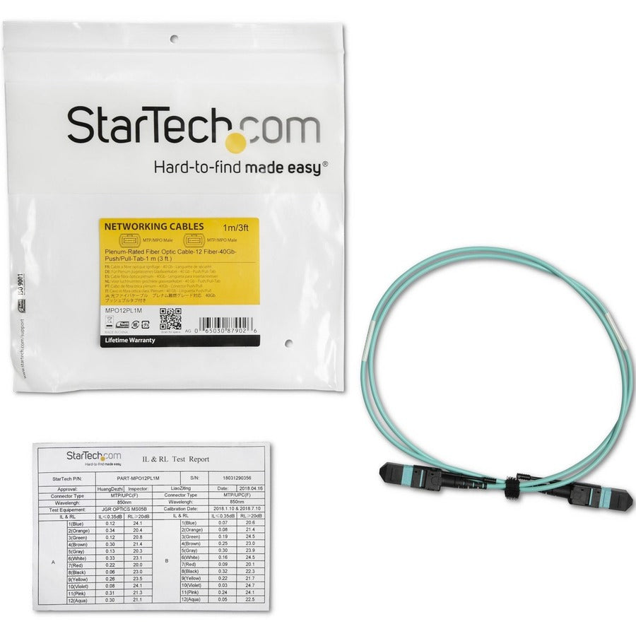 Câble à fibre optique multimode MTP(F)/PC OM3 de 1 m (3 pi), OFNP Plenum, 50/125 µm, 40G, faible perte d'insertion, cordon de raccordement à fibre optique MPO12PL1M