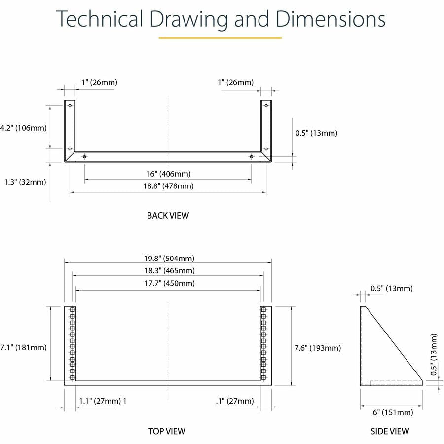 Support mural vertical en acier pour rack d'équipement StarTech.com 4U 19 pouces RK419WALLV