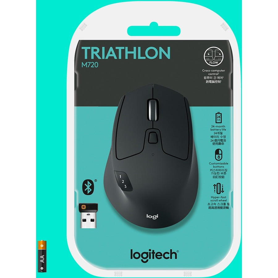Souris sans fil multi-appareils Logitech M720 Triathlon, Bluetooth, récepteur USB Unifying, 1000 DPI, 8 boutons, batterie de 2 ans, compatible avec ordinateur portable, PC, Mac, iPadOS - Noir 910-004790