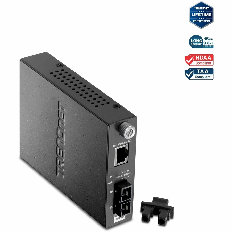 Convertisseur de média fibre optique monomode 100Base-TX vers 100Base-FX de TRENDnet (15 km/9,3 miles) ; TFC-110S15 ; Auto-négociation ; Auto-MDIX ; Mode duplex intégral ; Convertisseur fibre vers Ethernet ; Protection à vie TFC-110S15