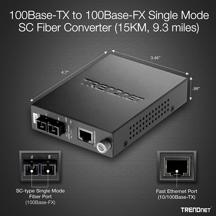 Convertisseur de média fibre optique monomode 100Base-TX vers 100Base-FX de TRENDnet (15 km/9,3 miles) ; TFC-110S15 ; Auto-négociation ; Auto-MDIX ; Mode duplex intégral ; Convertisseur fibre vers Ethernet ; Protection à vie TFC-110S15