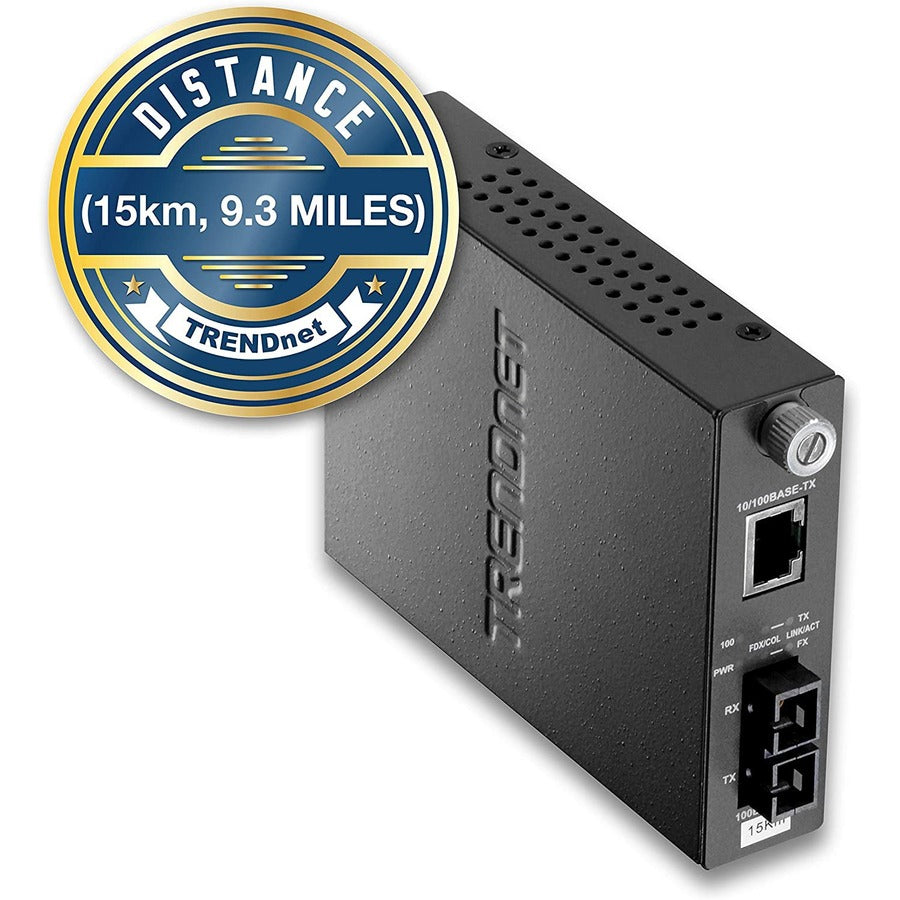 Convertisseur de média fibre optique monomode 100Base-TX vers 100Base-FX de TRENDnet (15 km/9,3 miles) ; TFC-110S15 ; Auto-négociation ; Auto-MDIX ; Mode duplex intégral ; Convertisseur fibre vers Ethernet ; Protection à vie TFC-110S15