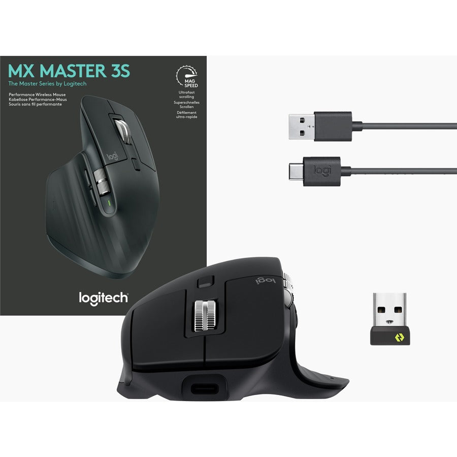 Logitech MX Master 3S - Souris sans fil hautes performances avec défilement ultra-rapide, Ergo, 8 000 DPI, suivi sur verre, clics silencieux, USB-C, Bluetooth, Windows, Linux, Chrome (noir) 910-006556