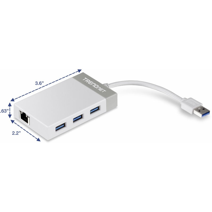 TRENDnet Hub USB 3.0 à 3 ports avec adaptateur Ethernet Gigabit 10/100/1000 Mbps (3 ports USB 3.0 ; un port Ethernet Gigabit RJ45) ; compatible avec XP ; Vista ; Windows 7 ; 8 ; 8.1 ; 10 ; Mac OS 10.6-10.9 ; Nintendo Switch ; TU3-ETGH3 TU3-ETGH3