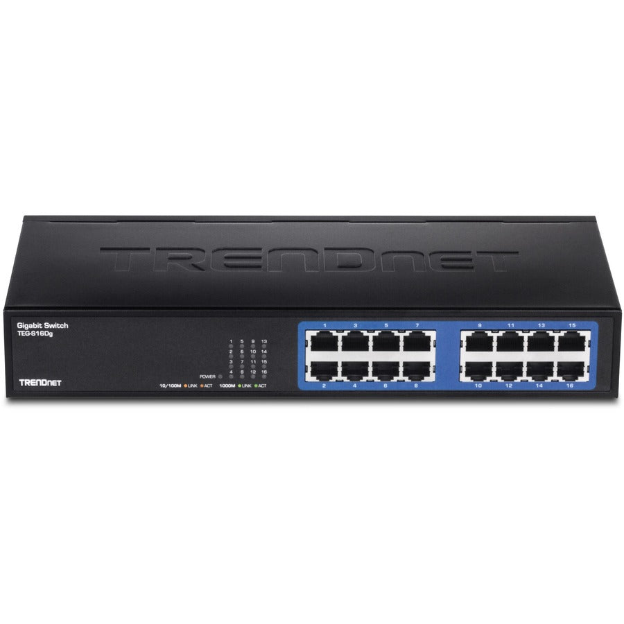 TRENDnet Commutateur de bureau en métal non géré Gigabit GREENnet à 6 ports, commutateur réseau Ethernet, 16 ports RJ-45 10-100-1000, capacité de transfert de 32 Gbit/s, protection à vie, noir, TEG-S16DG TEG-S16DG