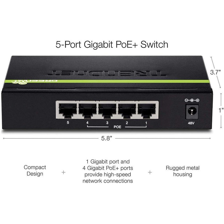 Commutateur Gigabit PoE+ à 5 ports TRENDnet, budget PoE 31 W, capacité de commutation 10 Gbit/s, données et alimentation via Ethernet vers points d'accès PoE et caméras IP, duplex intégral et semi-duplex, noir, TPE-TG50g TPE-TG50g