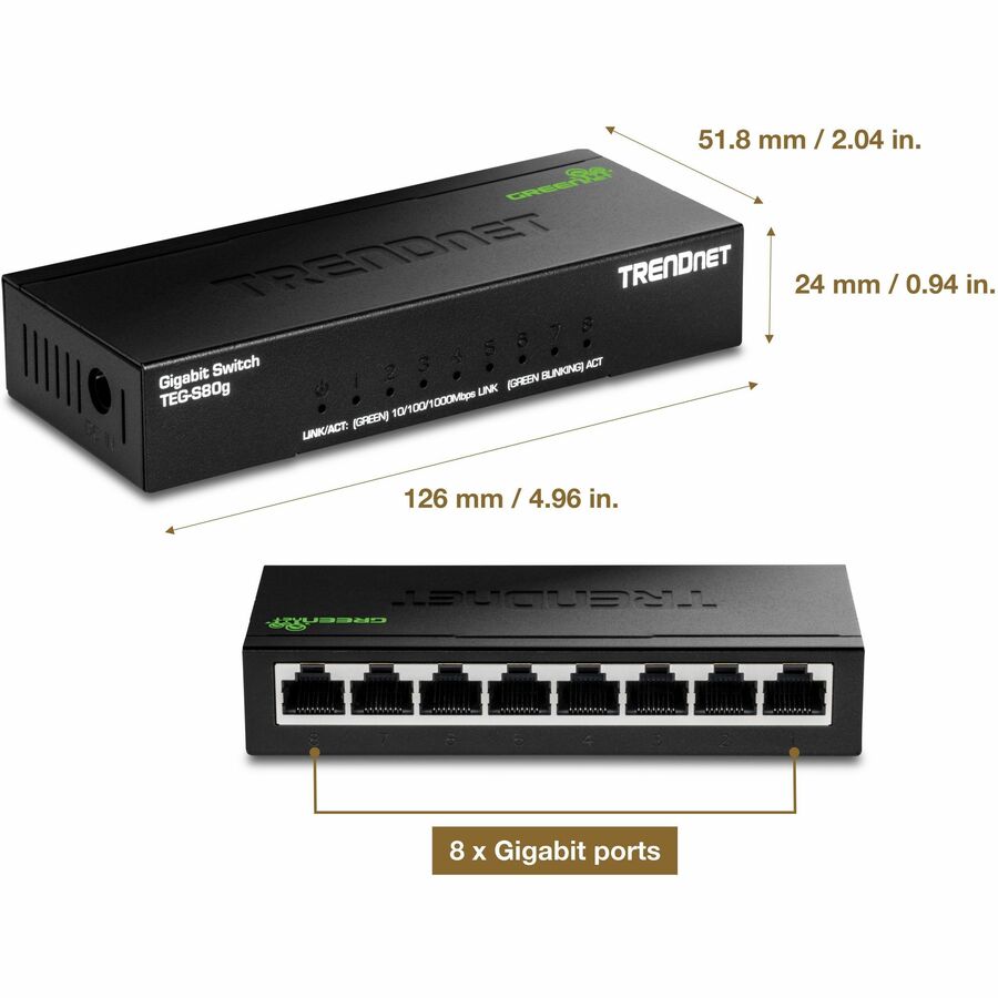 Mini-switch Gigabit à 8 ports TRENDnet, TEG-S80g, technologie GREENnet, conforme NDAA + TAA, commutateur réseau Ethernet de bureau en métal, 8 ports Gigabit, sans ventilateur, protection à vie, noir TEG-S80G