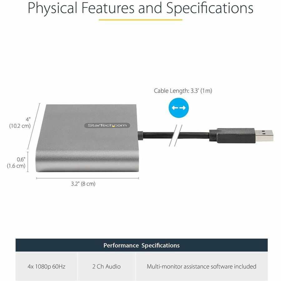 StarTech.com USB 3.0 to 4 HDMI Adapter, External Graphics Card, 1080p, USB Type-A to Quad HDMI Monitor Display Adapter/Converter, Windows USB32HD4