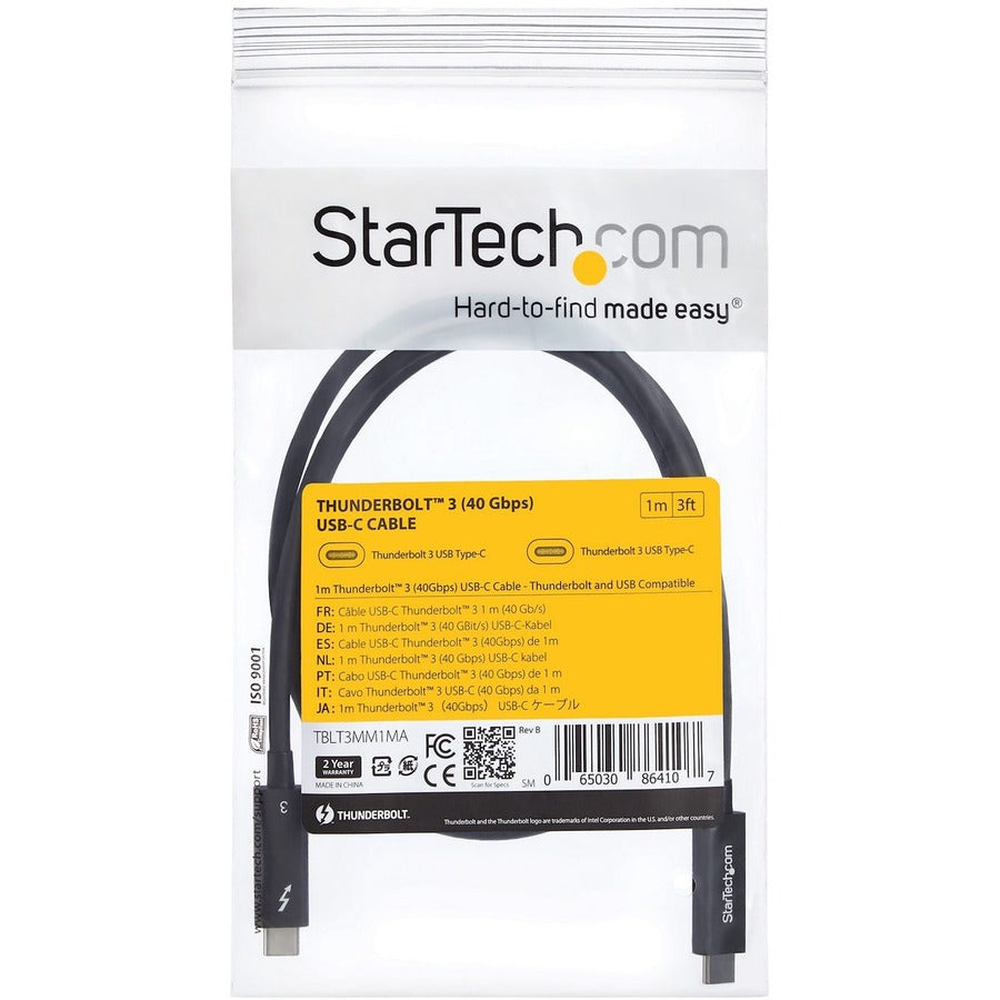 Câble Thunderbolt 3 StarTech.com de 1 m avec PD 100 W - 40 Gbit/s - Double 4K ou Full 5K - Câble USB-C Thunderbolt 3 certifié TBLT3MM1MA