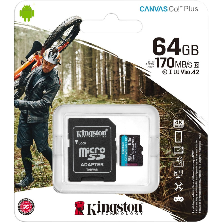 Carte microSDXC Kingston Canvas Go! Plus 64 Go Classe 10/UHS-I (U3) V30 SDCG3/64GBCR