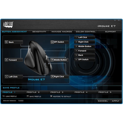 Souris ergonomique verticale programmable Adesso pour gaucher IMOUSE E7