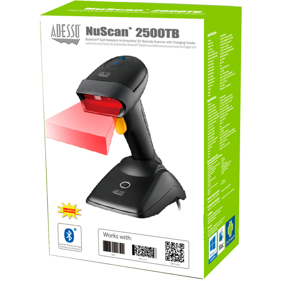 Lecteur de codes-barres 2D antimicrobien anti-éclaboussures Bluetooth Adesso NUSCAN 2500TB NUSCAN 2500TB
