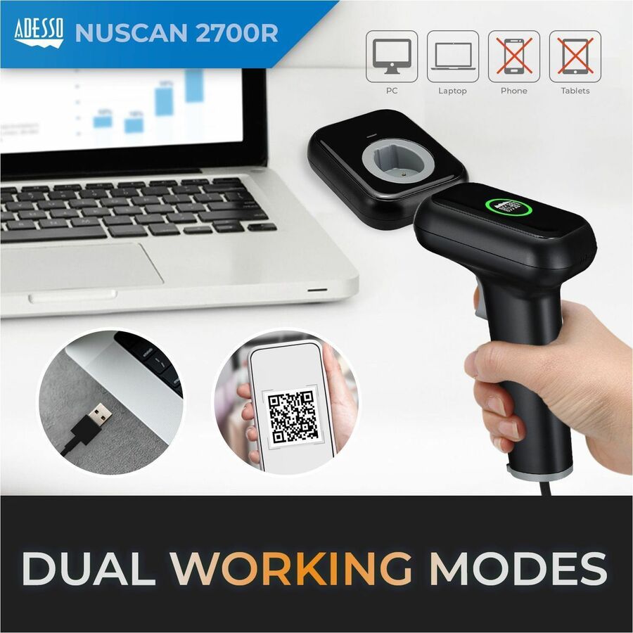 Adesso NuScan 2700R 2D Wireless Barcode Scanner with Charging Cradle NUSCAN2700R