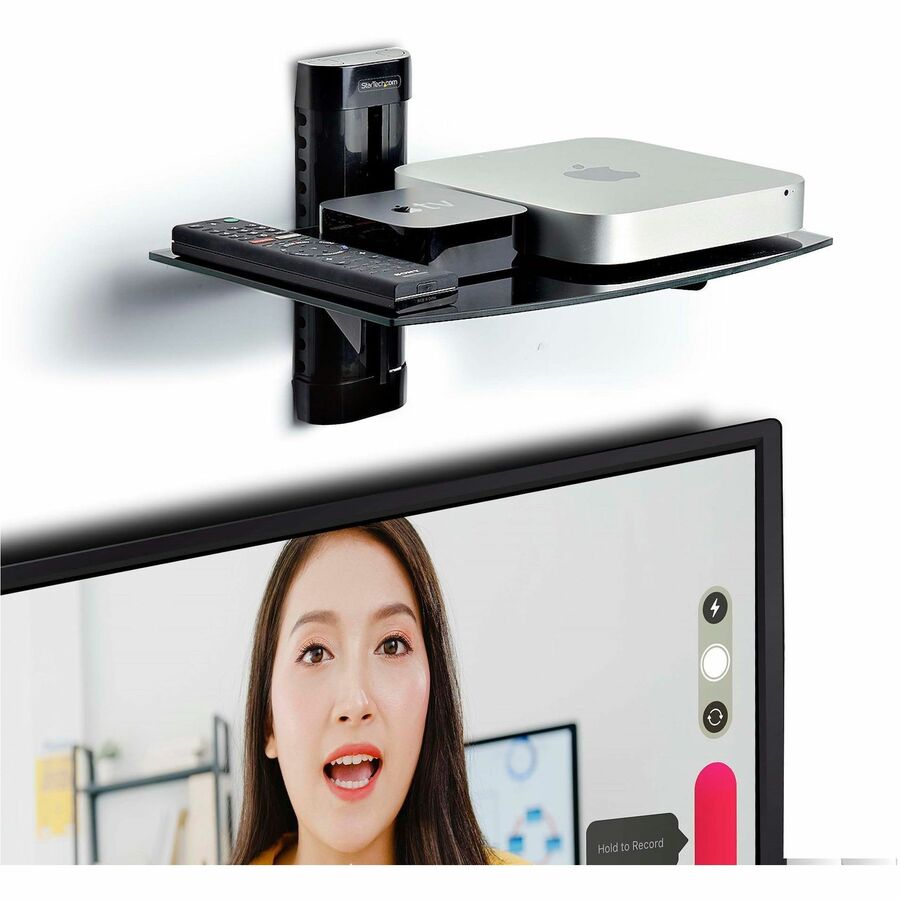 StarTech.com Étagère murale flottante AV, étagère réglable en hauteur pour équipement audiovisuel sous téléviseur, étagère en verre trempé noir 1B-WALL-MOUNT-SHELF