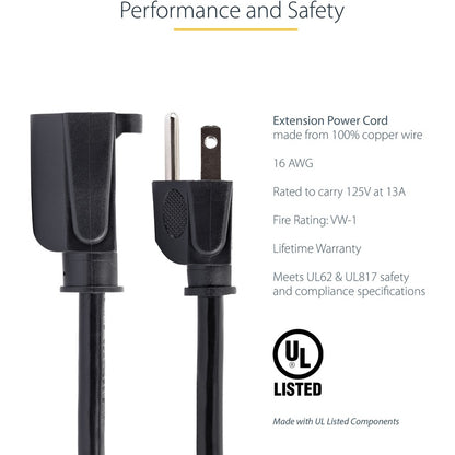 StarTech.com Rallonge courte de 0,3 m (1 pi), cordon d'extension noir NEMA5-15R vers NEMA5-15P, 13 A 125 V, 16 AWG, câble d'extension d'alimentation pour ordinateur PAC101