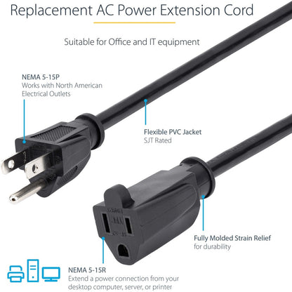 StarTech.com Rallonge courte de 0,3 m (1 pi), cordon d'extension noir NEMA5-15R vers NEMA5-15P, 13 A 125 V, 16 AWG, câble d'extension d'alimentation pour ordinateur PAC101