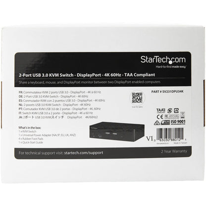 StarTech.com Commutateur KVM DisplayPort à 2 ports - 4K 60 Hz - Écran unique - Commutateur KVM USB UHD DP 1.2 avec hub USB 3.0 et audio - Conforme TAA SV231DPU34K