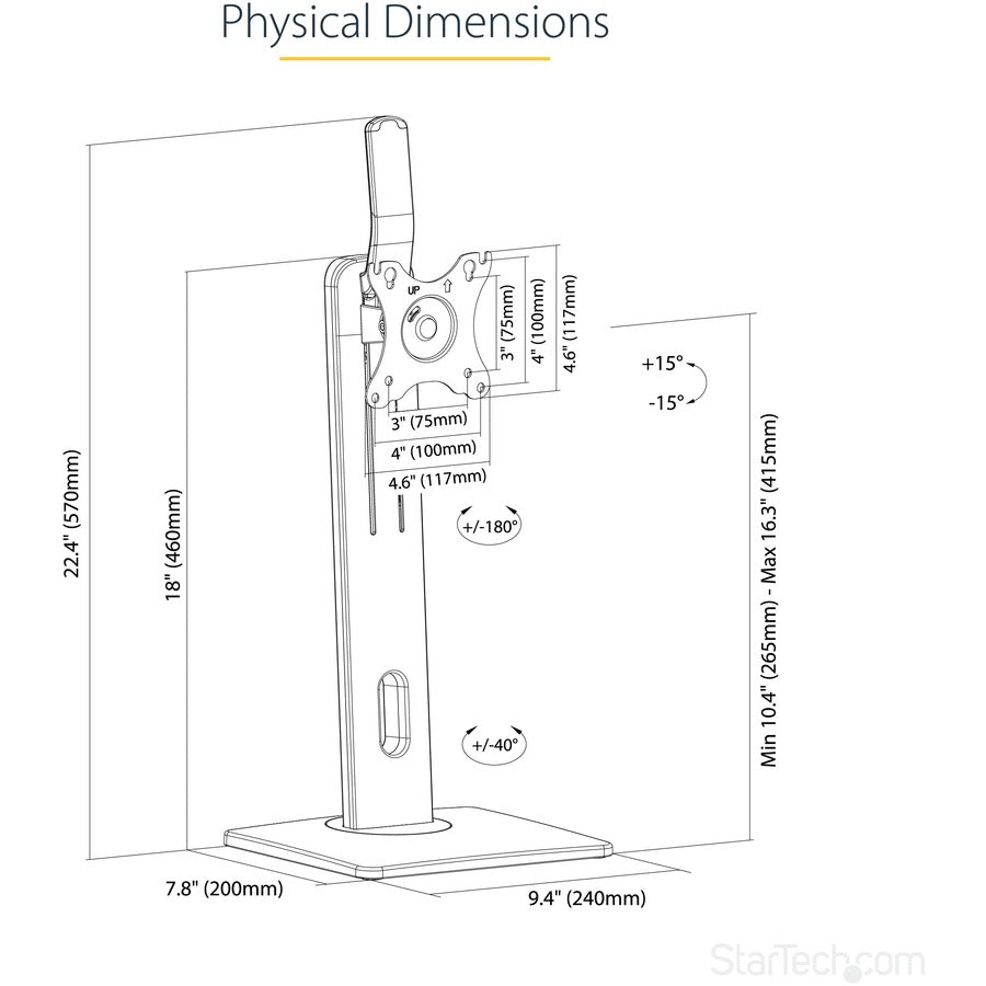 StarTech.com Support d'écran simple autoportant, support de bureau ergonomique réglable en hauteur, pour écrans à montage VESA jusqu'à 32 pouces (15 lb) FPPNEUSTND