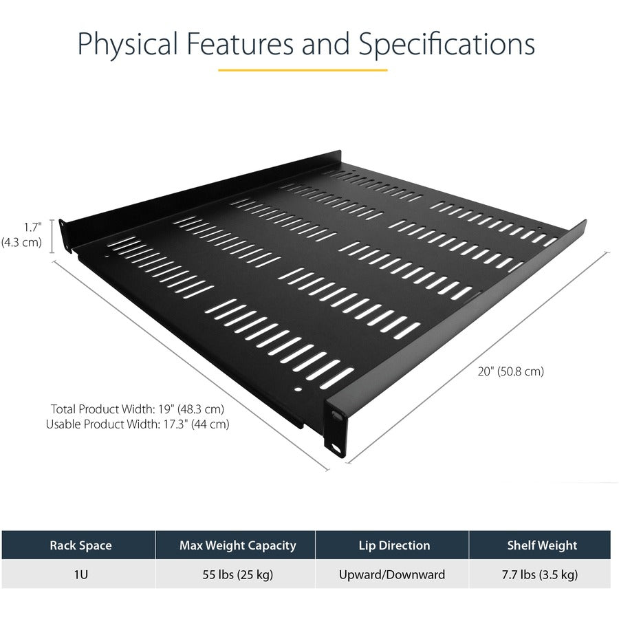 StarTech.com Étagère pour rack de serveur ventilée 1U - Plateau de montage en rack en porte-à-faux fixe de 50,8 cm de profondeur pour boîtier de données/audiovisuel/réseau de 48,3 cm avec écrous à cage SHELF-1U-20-FIXED-V