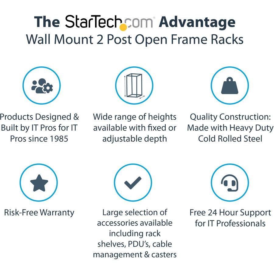 StarTech.com Rack réseau mural robuste à 2 montants 21U, rack serveur à cadre ouvert de 19 pouces avec profondeur réglable, rack de données pour équipement informatique ~ RACK-21U-20-WALL-OA