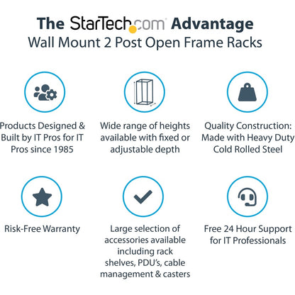 StarTech.com Rack réseau mural robuste à 2 montants 21U, rack serveur à cadre ouvert de 19 pouces avec profondeur réglable, rack de données pour équipement informatique ~ RACK-21U-20-WALL-OA
