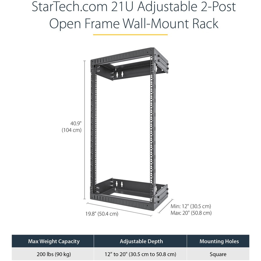 StarTech.com Rack réseau mural robuste à 2 montants 21U, rack serveur à cadre ouvert de 19 pouces avec profondeur réglable, rack de données pour équipement informatique ~ RACK-21U-20-WALL-OA