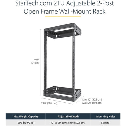 StarTech.com Rack réseau mural robuste à 2 montants 21U, rack serveur à cadre ouvert de 19 pouces avec profondeur réglable, rack de données pour équipement informatique ~ RACK-21U-20-WALL-OA