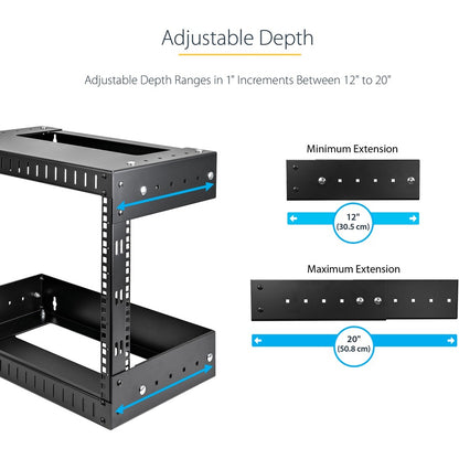 StarTech.com Rack réseau mural robuste à 2 montants 21U, rack serveur à cadre ouvert de 19 pouces avec profondeur réglable, rack de données pour équipement informatique ~ RACK-21U-20-WALL-OA