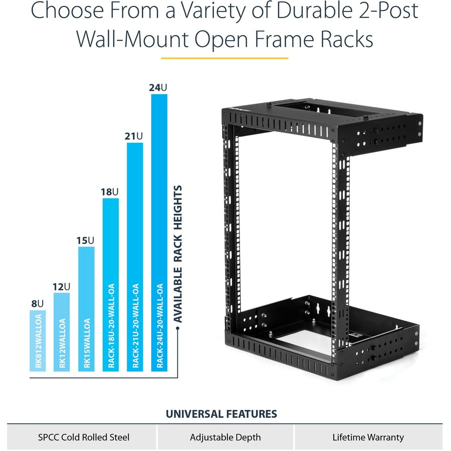 StarTech.com Rack réseau mural robuste à 2 montants 21U, rack serveur à cadre ouvert de 19 pouces avec profondeur réglable, rack de données pour équipement informatique ~ RACK-21U-20-WALL-OA